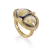 Todd Reed ring with fancy cut diamonds (8.70ctw) and white brilliant cut diamonds (0.66ctw) in 18k yellow gold and sterling silver with patina.